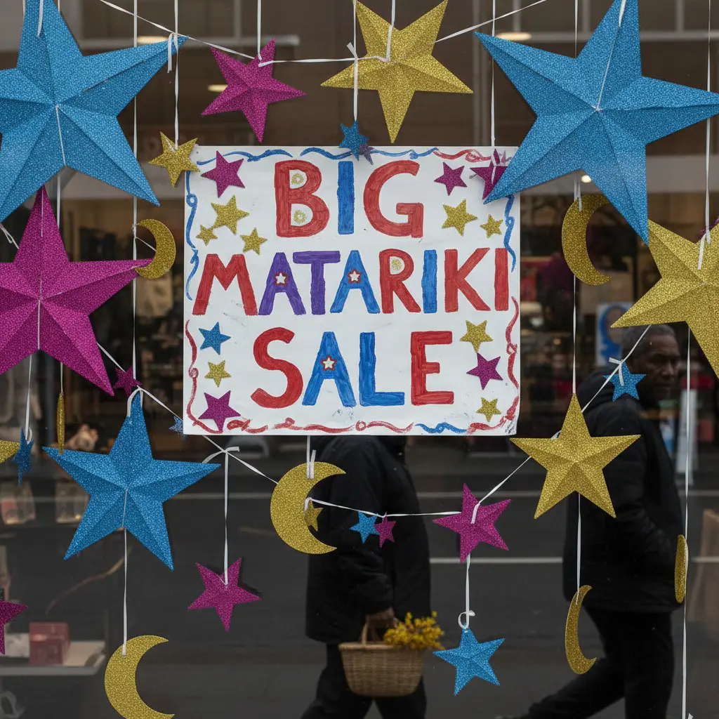 Retail window display showing commercialized Matariki sale signs