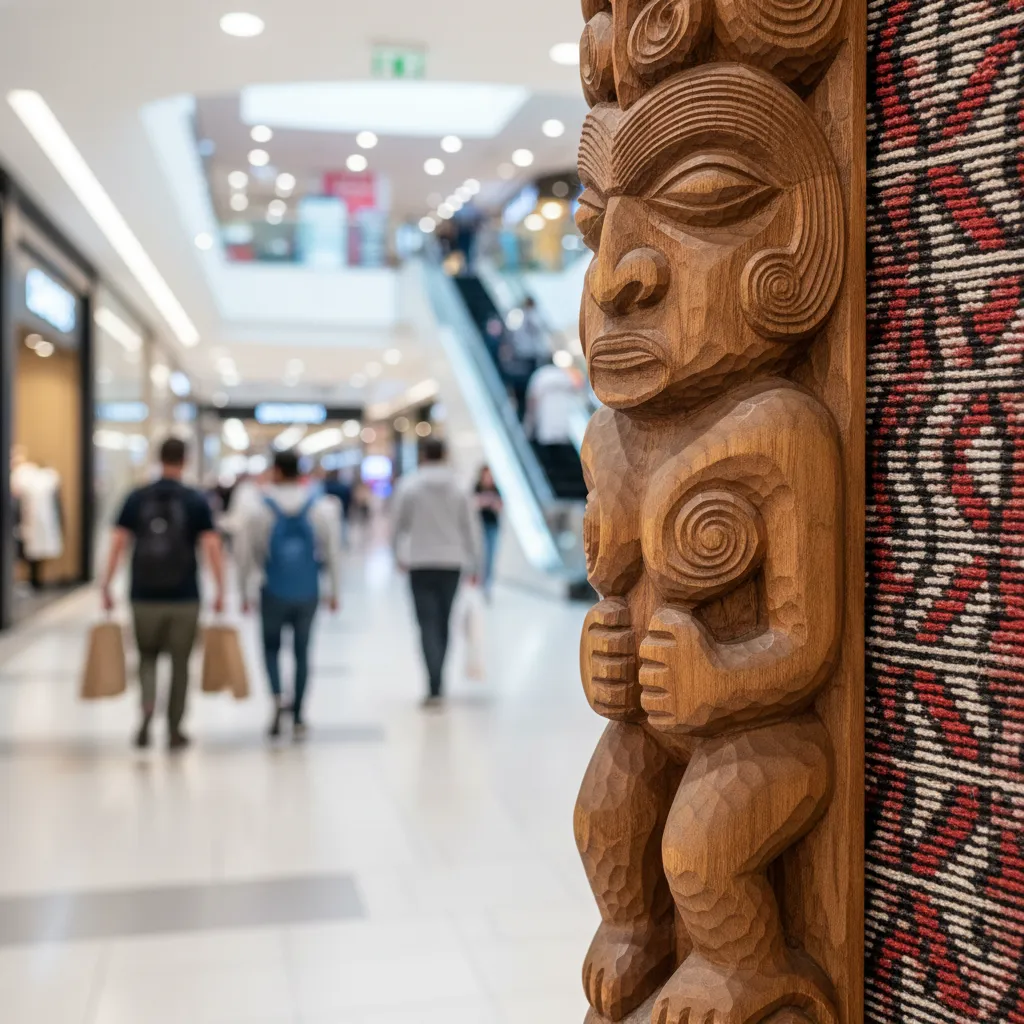 Traditional Māori art contrasted with a commercial shopping background