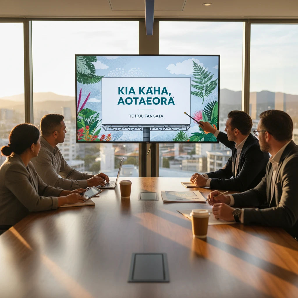 Marketing team reviewing creative assets for Te Reo Māori accuracy