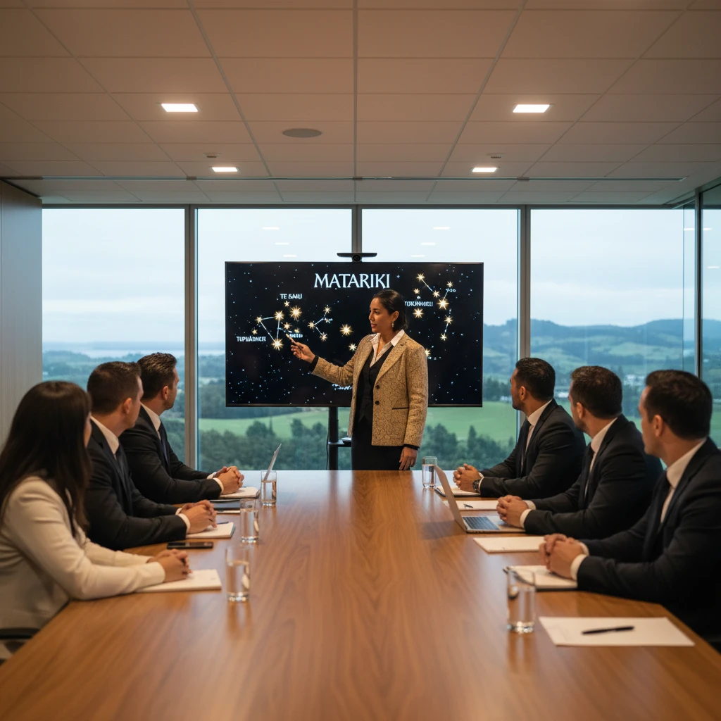 Cultural advisor leading a business strategy meeting regarding Matariki initiatives