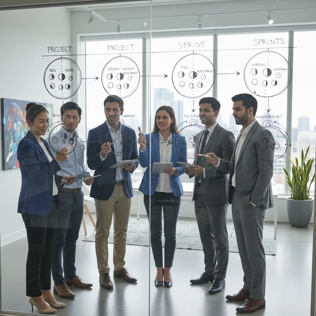 Business team planning project sprints using Maramataka lunar phases