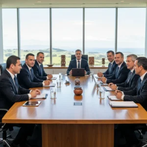 Diverse team discussing cultural safety policy templates in a boardroom
