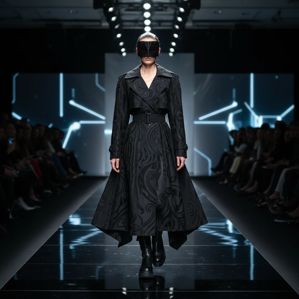 Modern Indigenous Fashion Runway Model wearing Kowhaiwhai trench coat