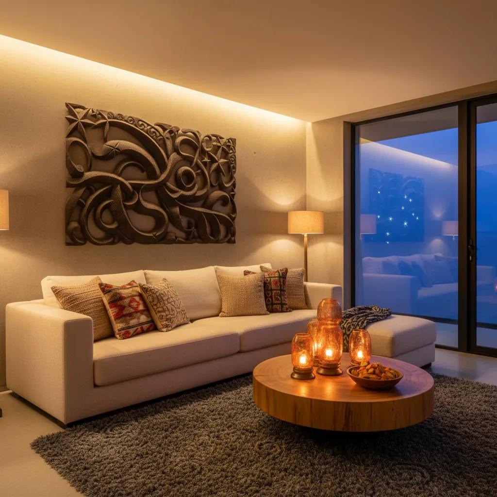 Modern living room with Māori art and decor
