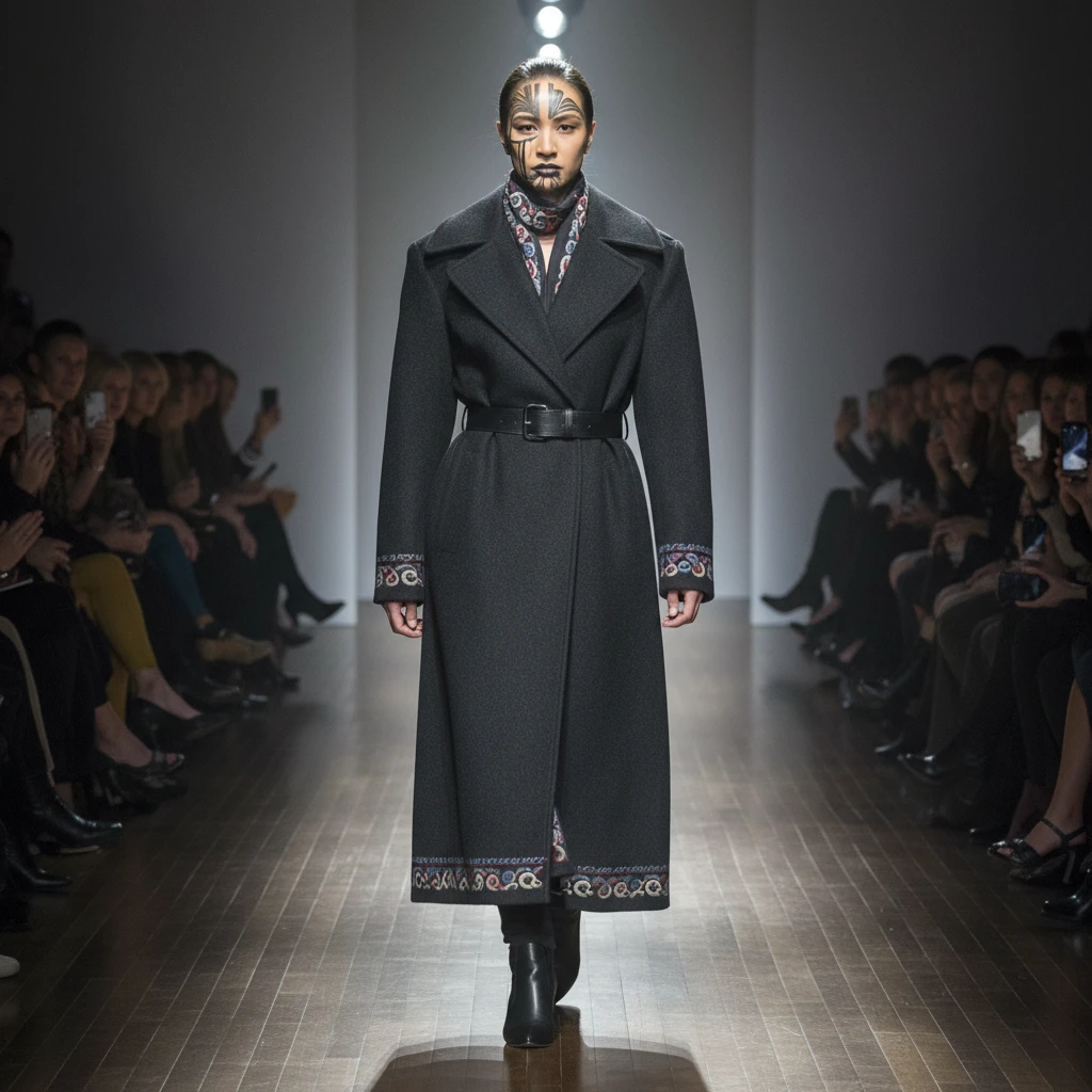 Model wearing high-end Māori designed winter coat on a runway