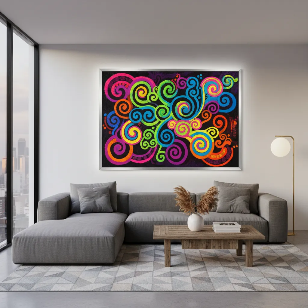 Contemporary Maori art print in a modern living room setting