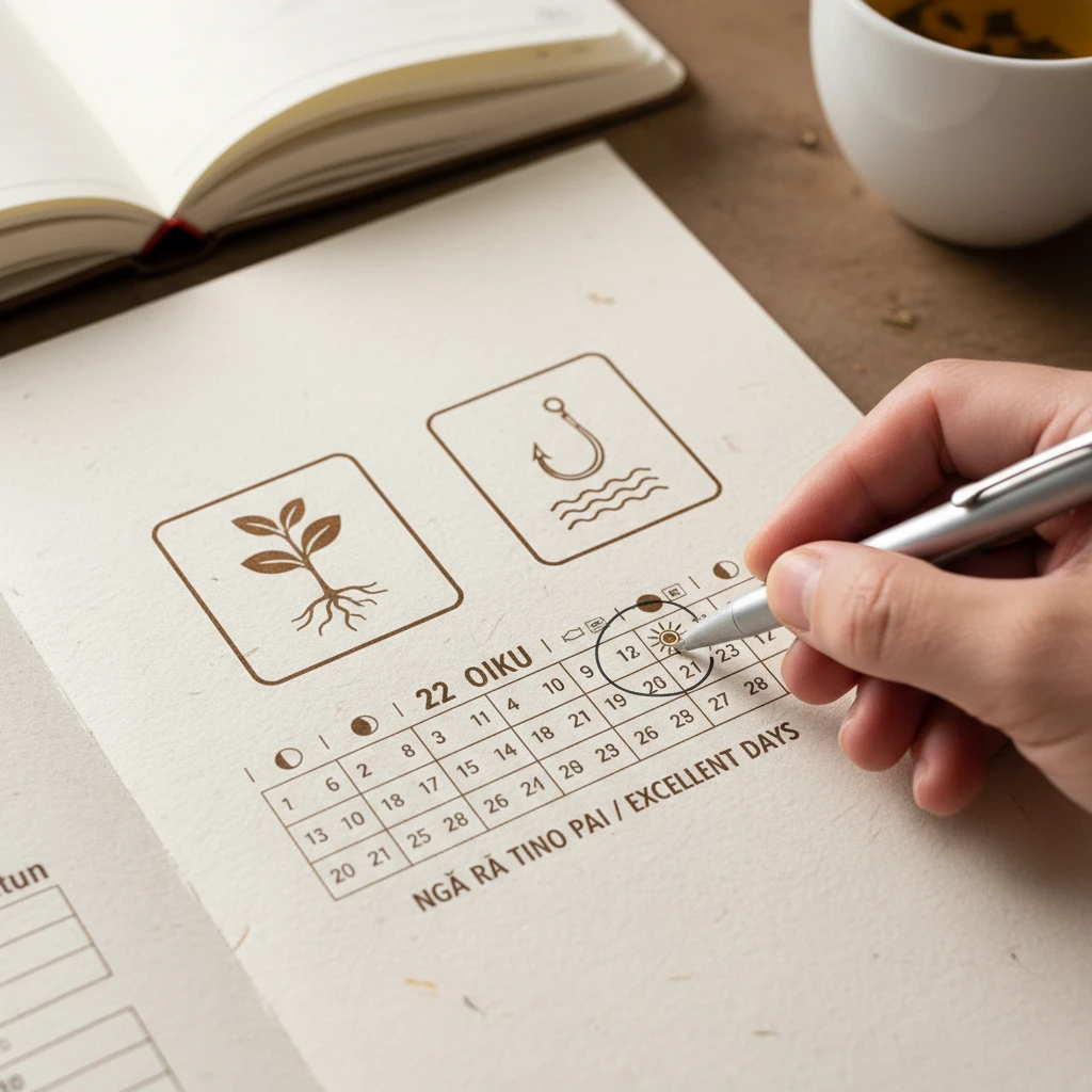 Close up of planting and fishing guides on a Maramataka planner