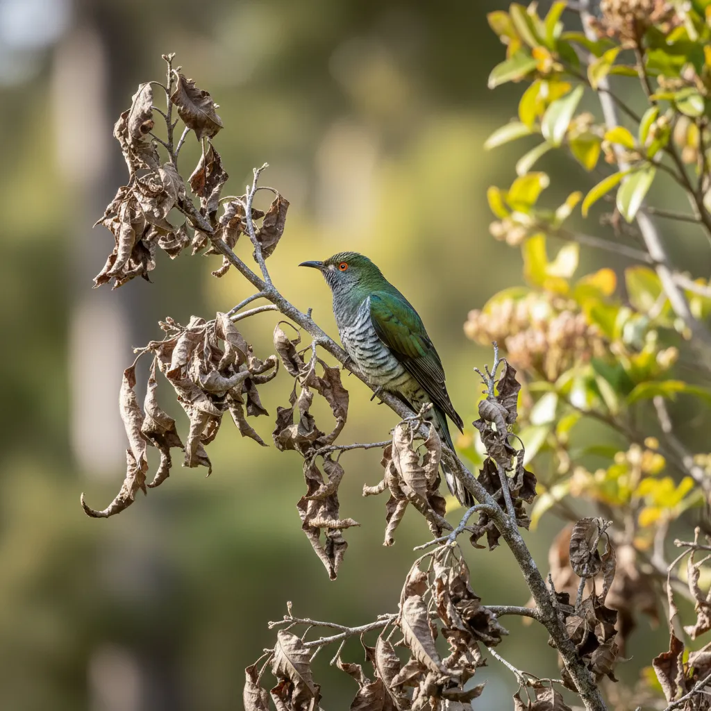 Shining Cuckoo on a branch with withered leaves