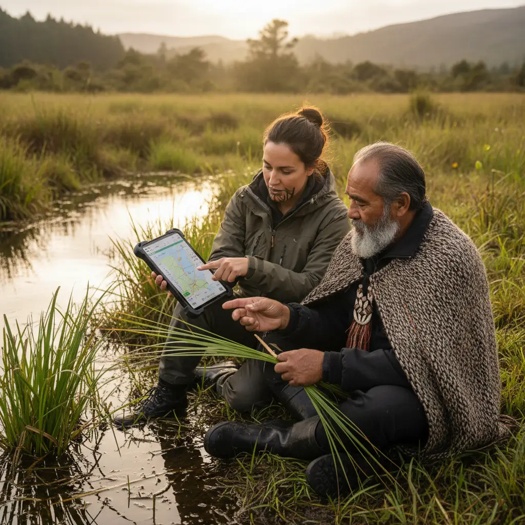 Māori scientist and elder collaborating in nature