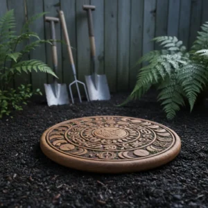 Traditional Maramataka lunar calendar carving on garden soil