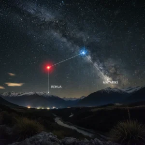 Comparison of the Matariki star cluster and a bright Ariki star in the night sky