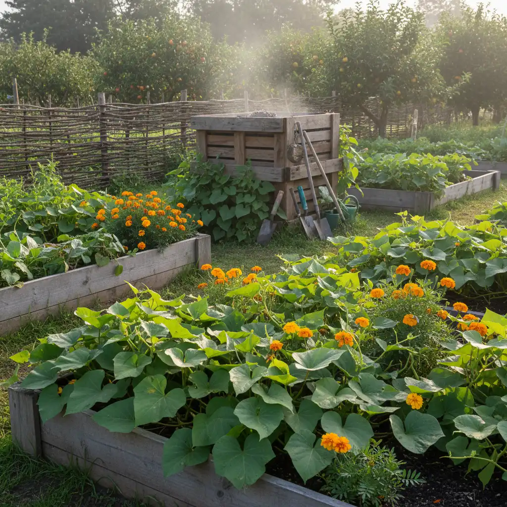 Sustainable vegetable garden with kumara and companion planting
