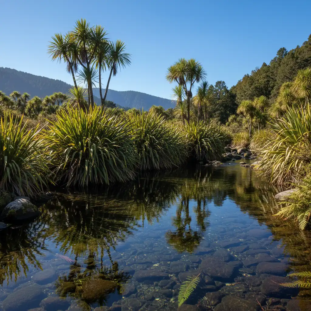 Riparian planting with Harakeke and Ti Kōuka along a stream