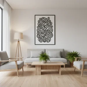 Modern living room displaying authentic Maori art prints for sale