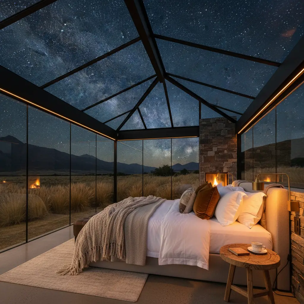 Interior of a glass pod bedroom looking up at stars