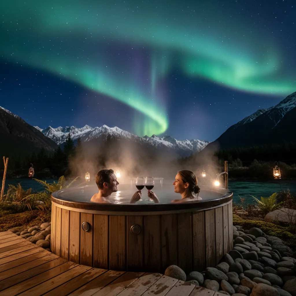 Couple stargazing from a luxury outdoor hot tub