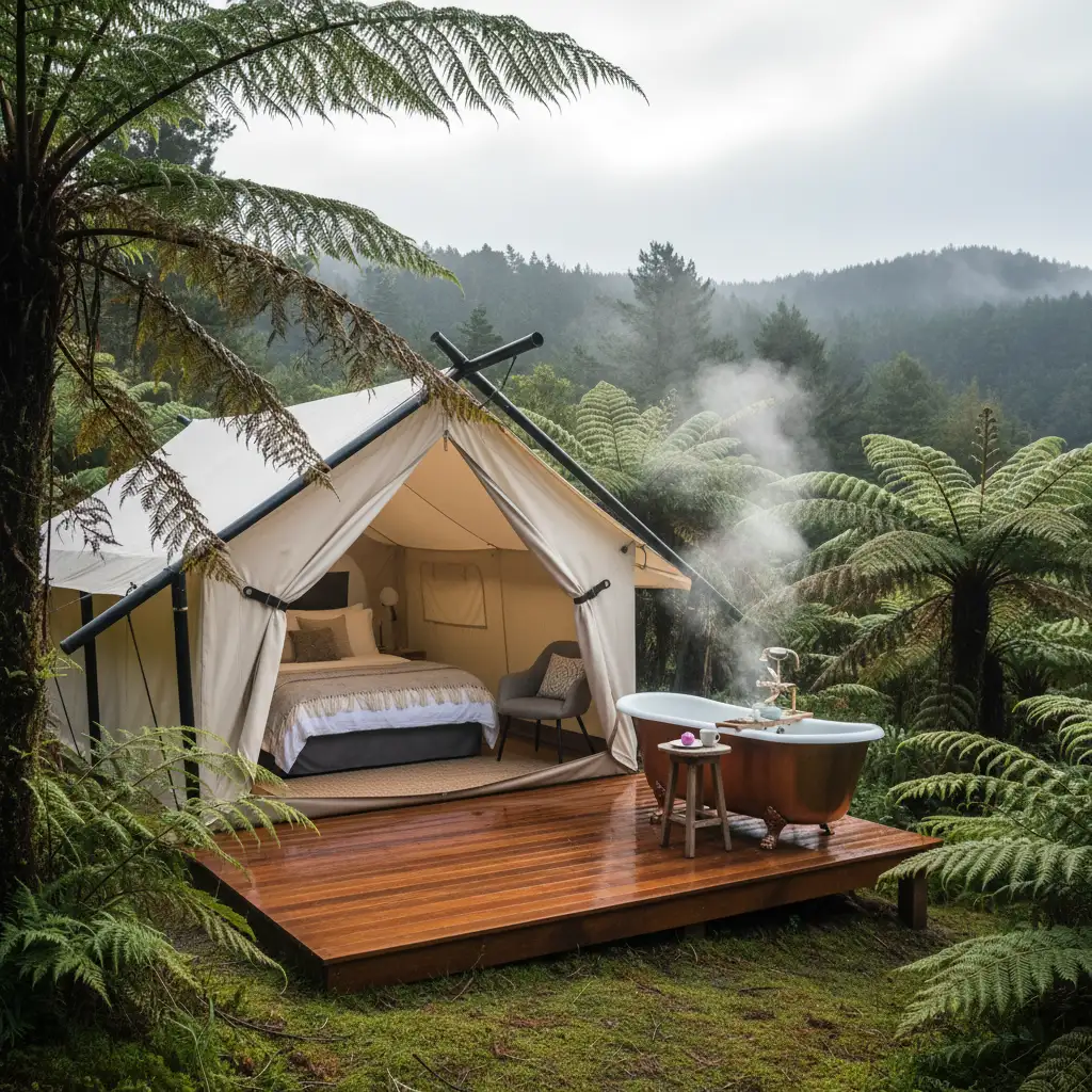 Luxury glamping tent with outdoor bath in New Zealand bush