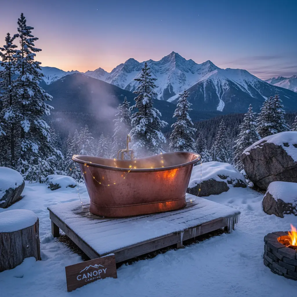 Outdoor copper bath in winter landscape New Zealand