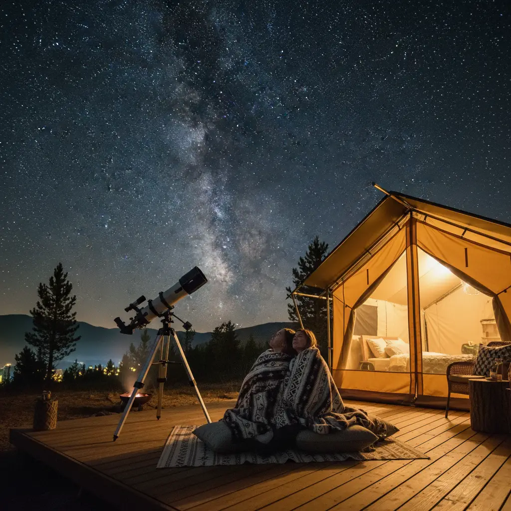 Couple stargazing at a glamping site in New Zealand