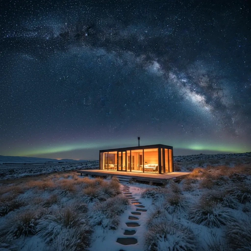 Luxury glass cabin illuminated under the Milky Way in New Zealand winter