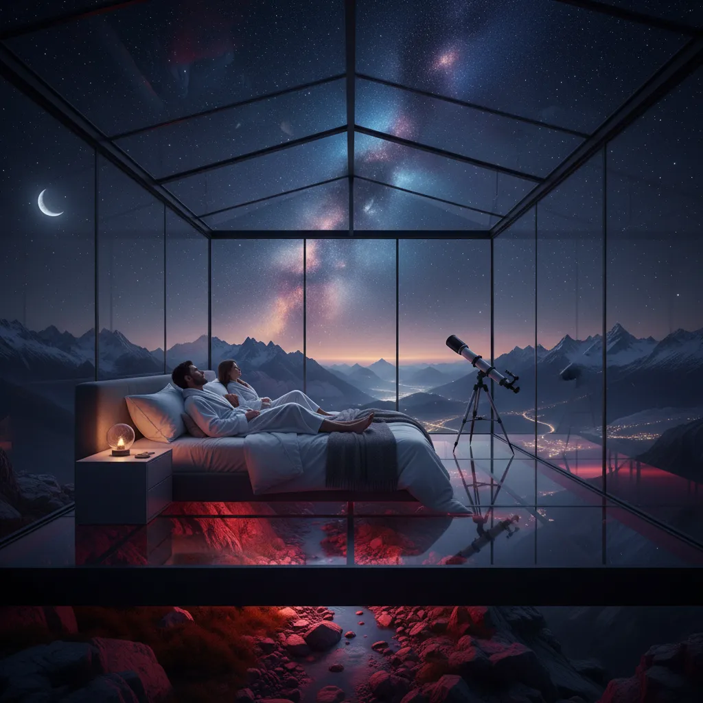 Couple stargazing from inside a glass cabin with red light preservation