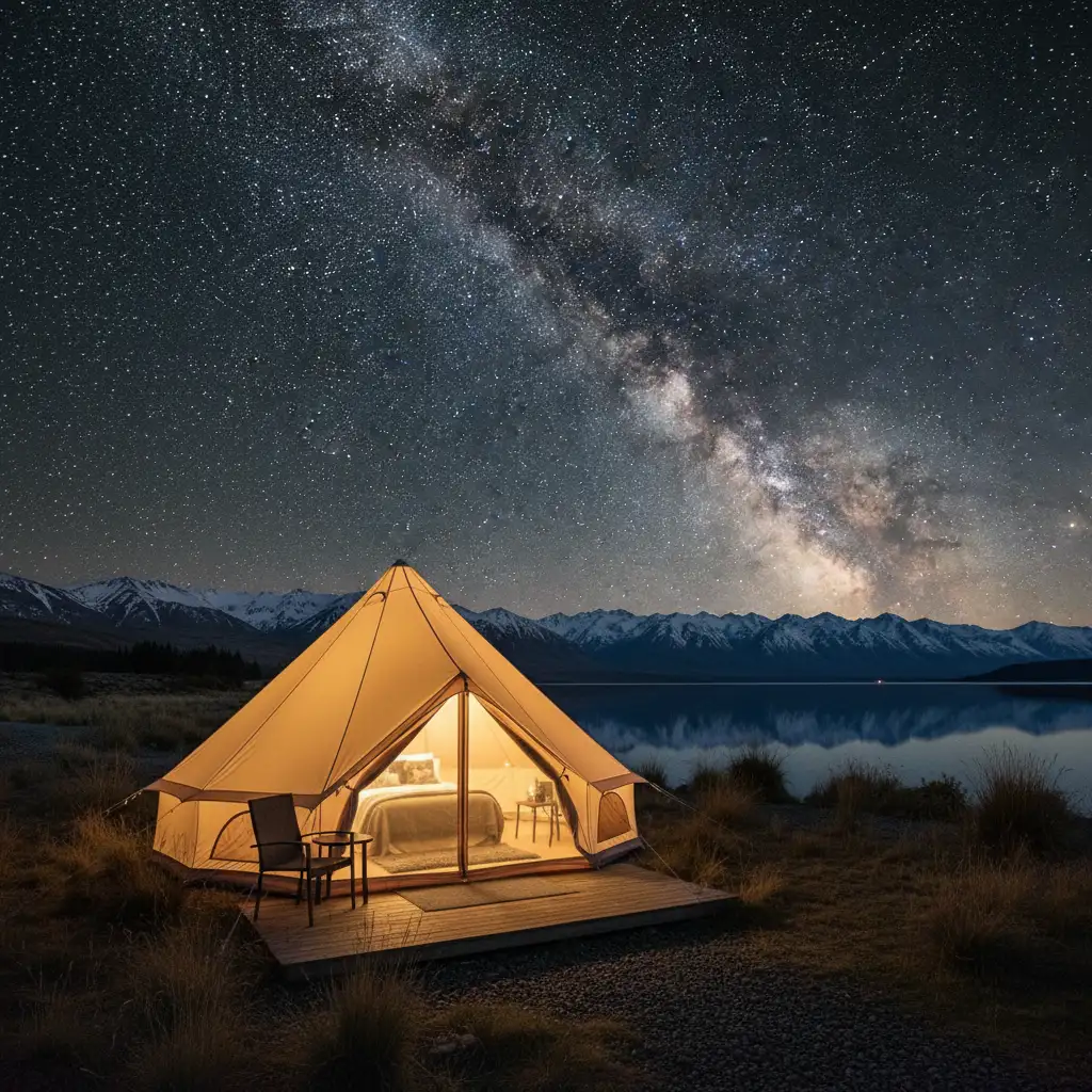 Luxury glamping tent under the Milky Way in Lake Tekapo Dark Sky Reserve