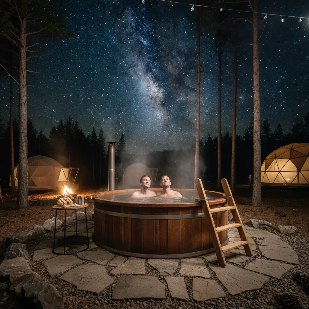 Couple stargazing from outdoor hot tub in Tekapo