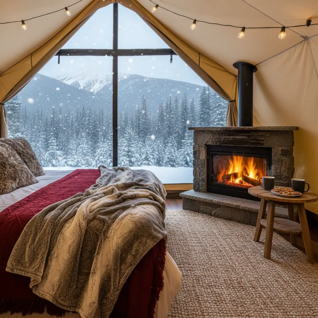 Cozy winter interior of a luxury glamping cabin in New Zealand