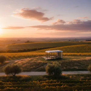 Exterior view of Greystone PurePod in Waipara Valley at sunset