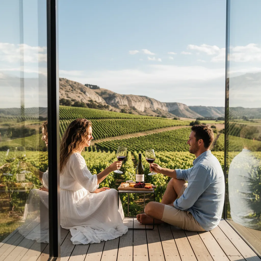Couple drinking wine on the deck of Greystone PurePod