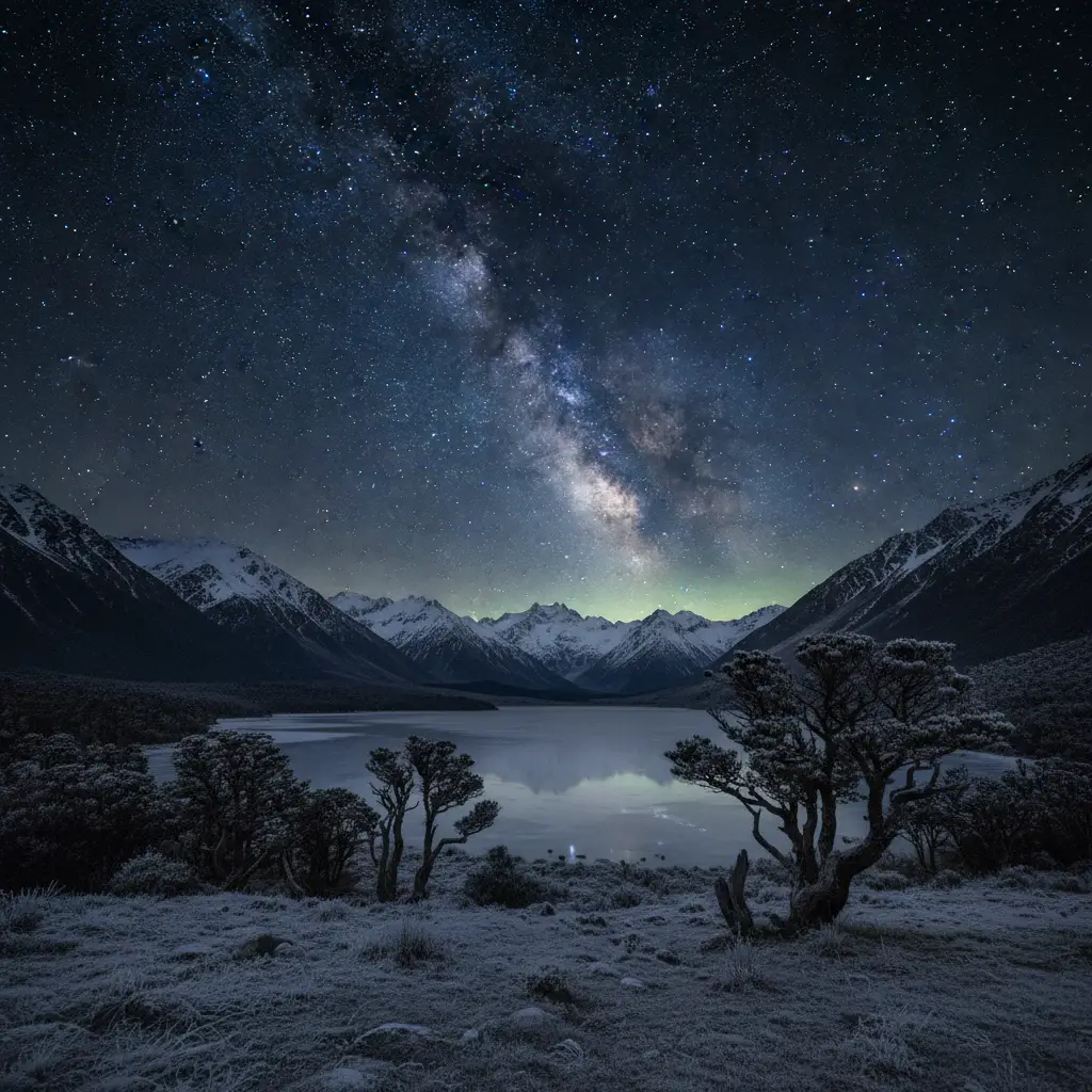 Matariki stars over New Zealand landscape