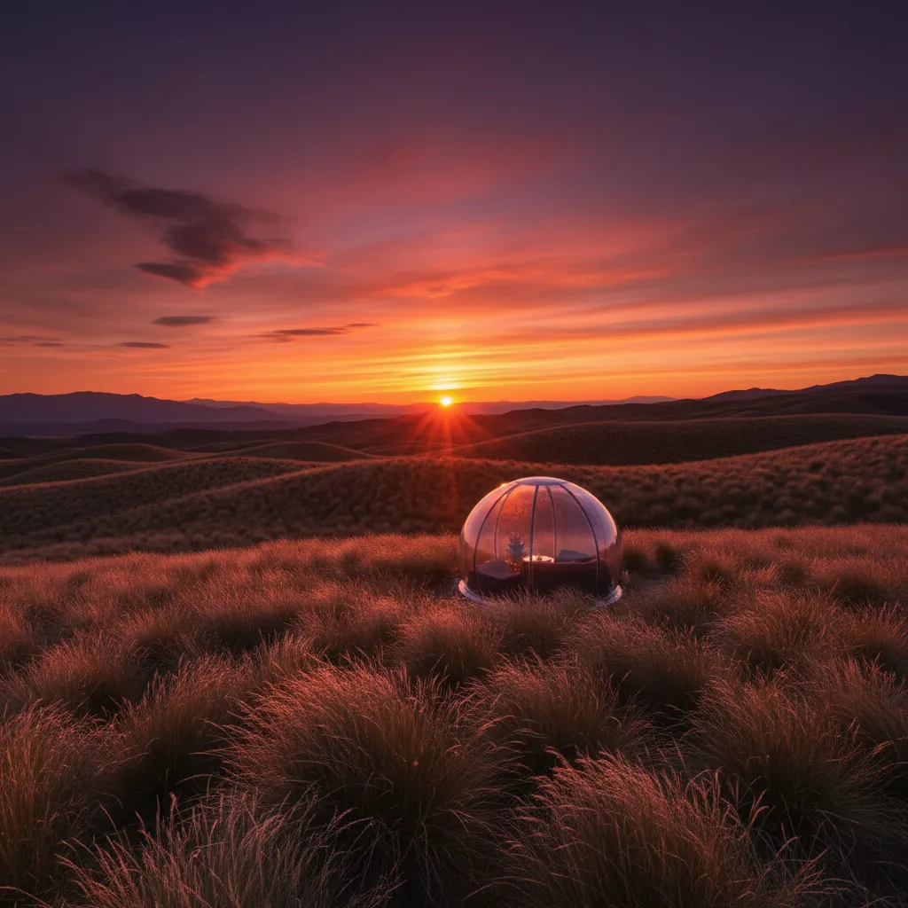Secluded glass pod in New Zealand landscape at sunset