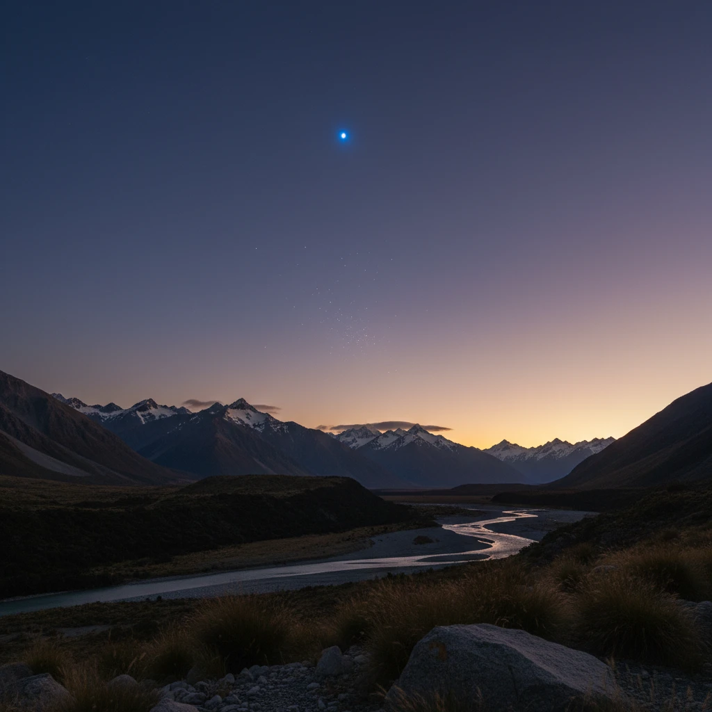 Diagram showing mountain ranges blocking Matariki visibility while Puanga remains visible