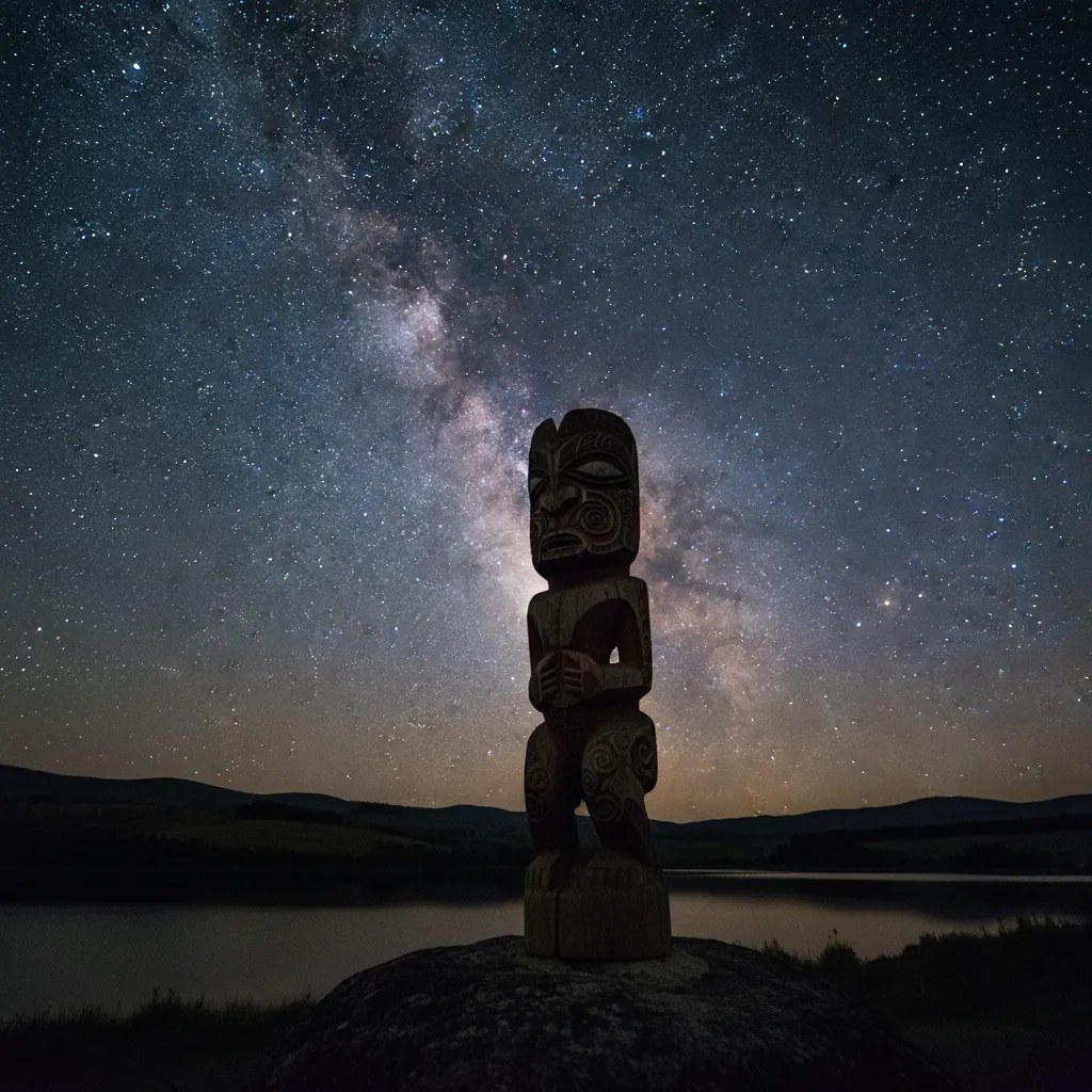 Maori carving silhouette against a starry night sky