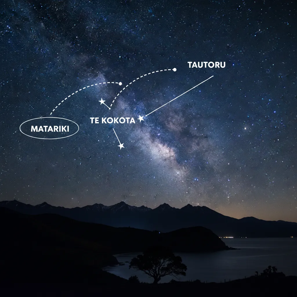 Diagram showing how to find Matariki using Orion's Belt