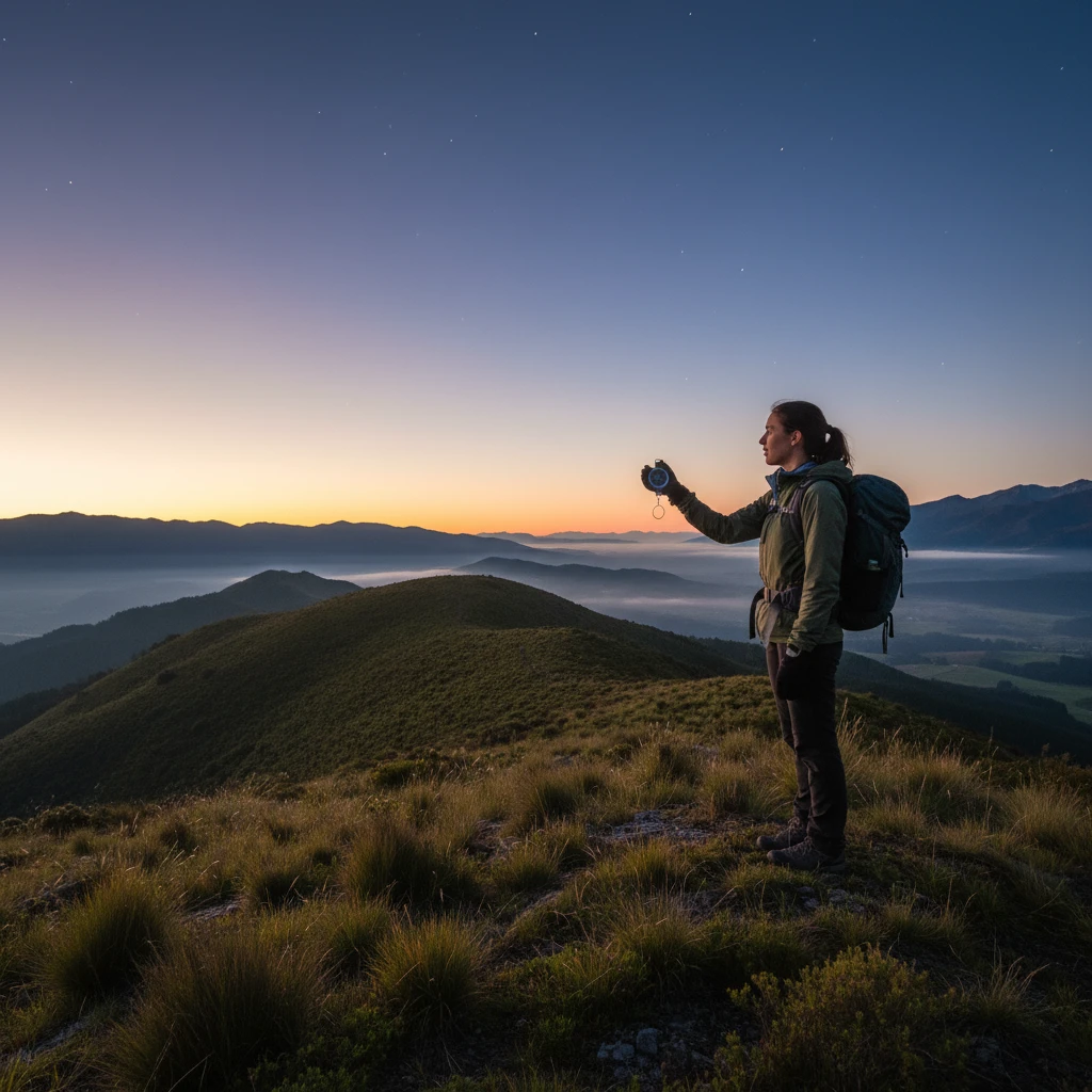 Stargazer using a compass to find the northeast horizon