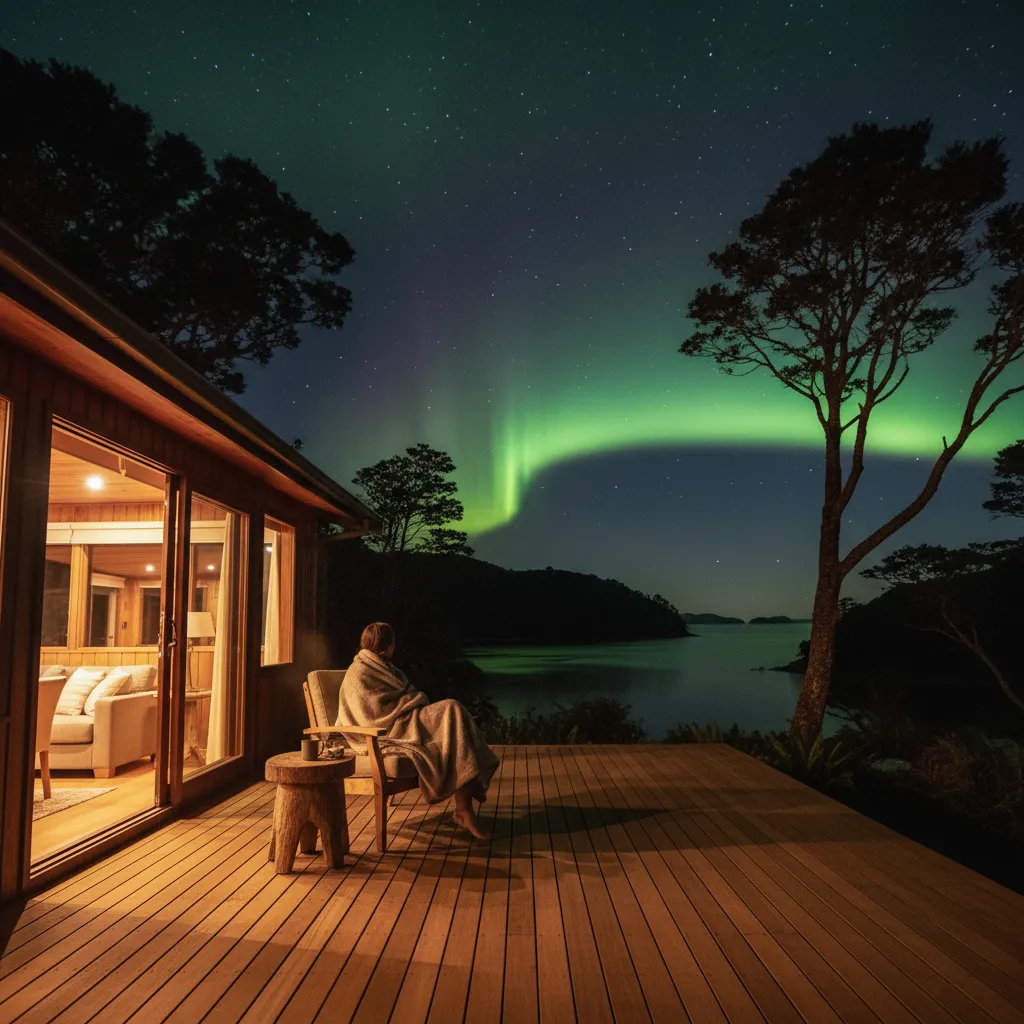 Luxury accommodation deck view of Aurora Australis on Stewart Island