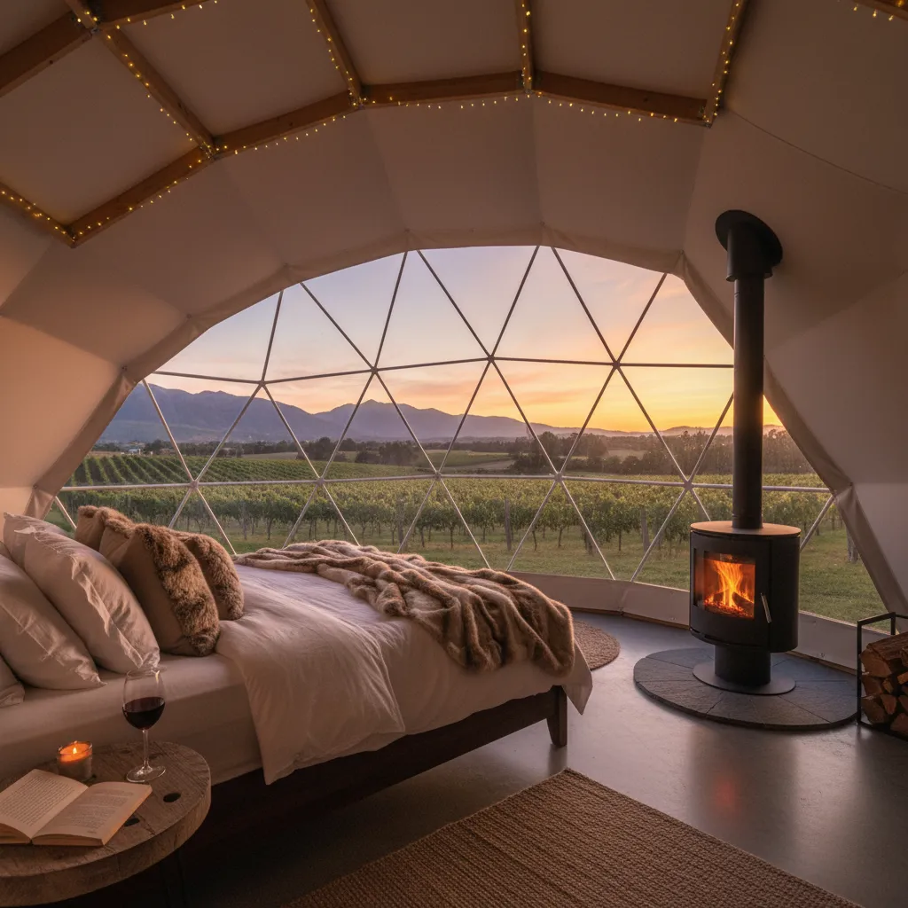 Interior of a luxury geodesic glamping dome overlooking Wairarapa vineyards