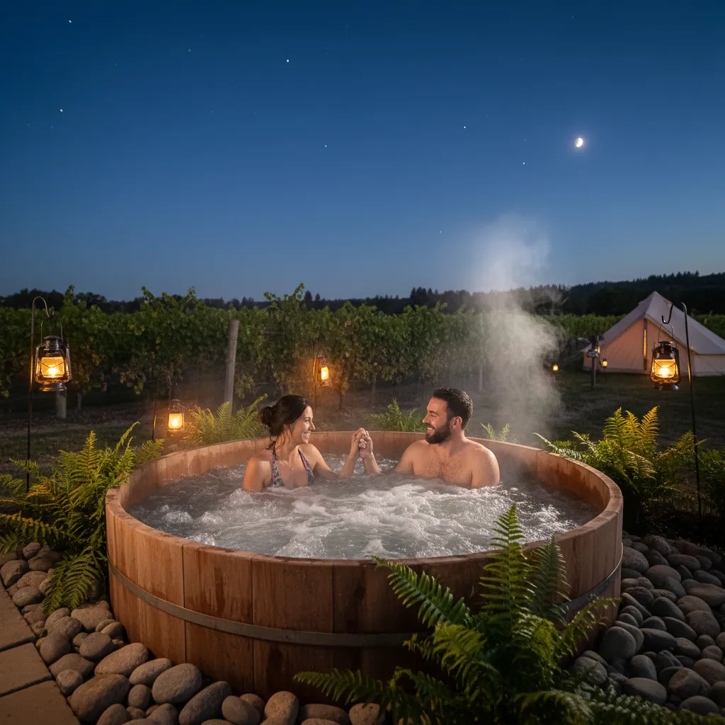 Couple relaxing in an outdoor hot tub at a vineyard glamping site