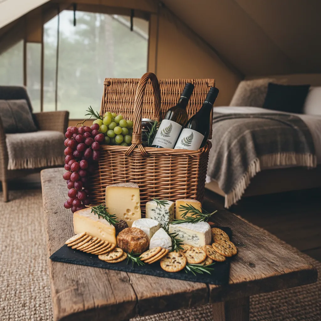 Gourmet local produce hamper for luxury glamping guests