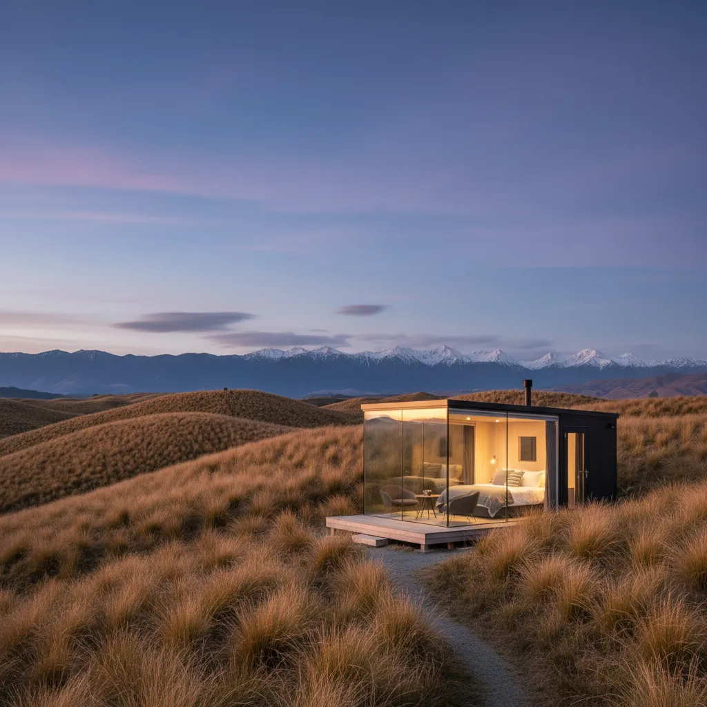 Glass pod accommodation in Kaikoura at twilight