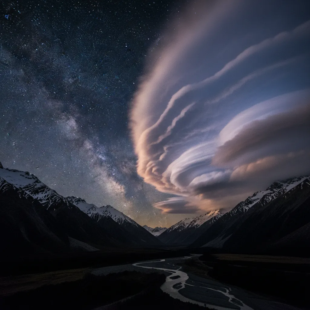 Dramatic weather patterns over New Zealand Southern Alps at night