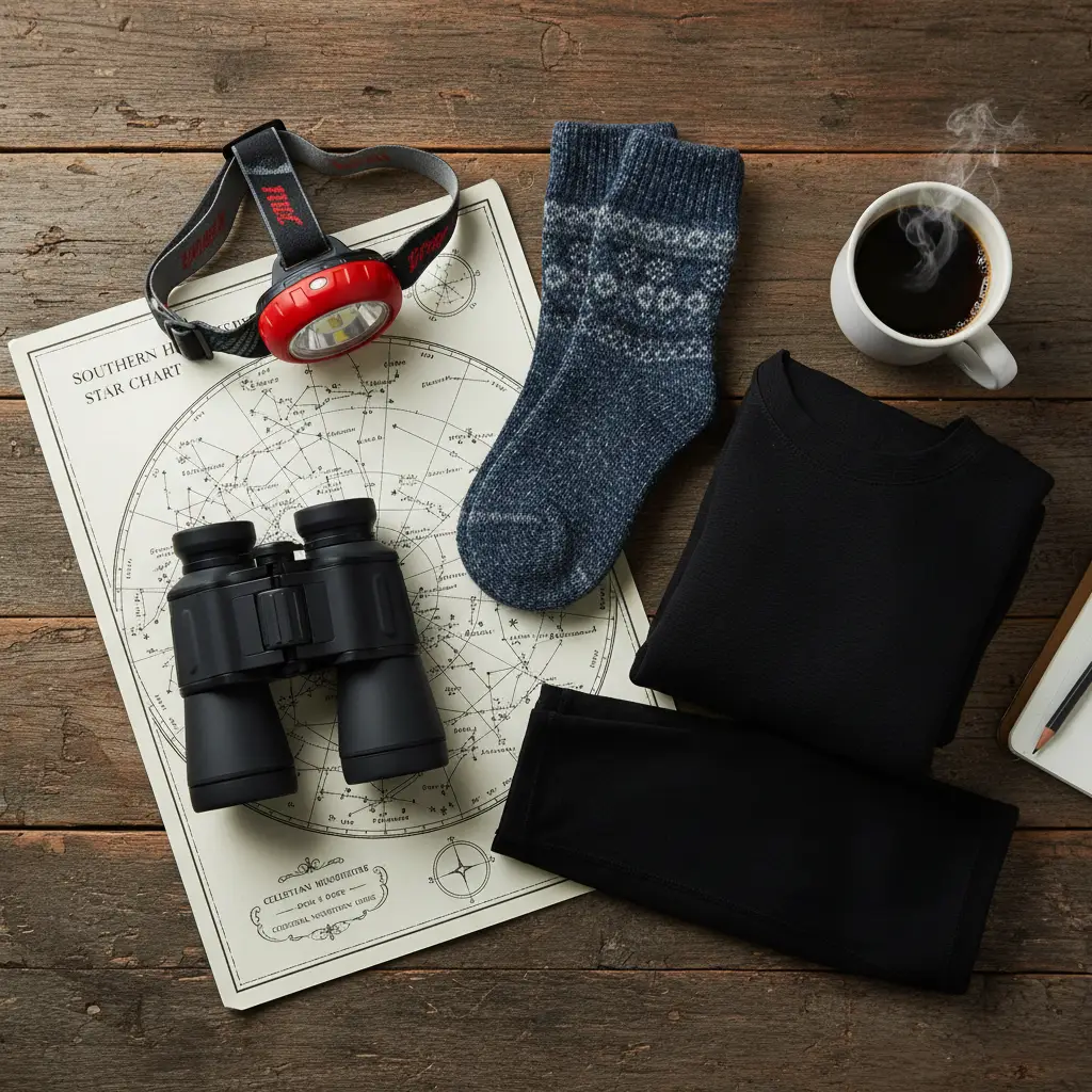 Essential stargazing gear flat lay including red light and warm layers