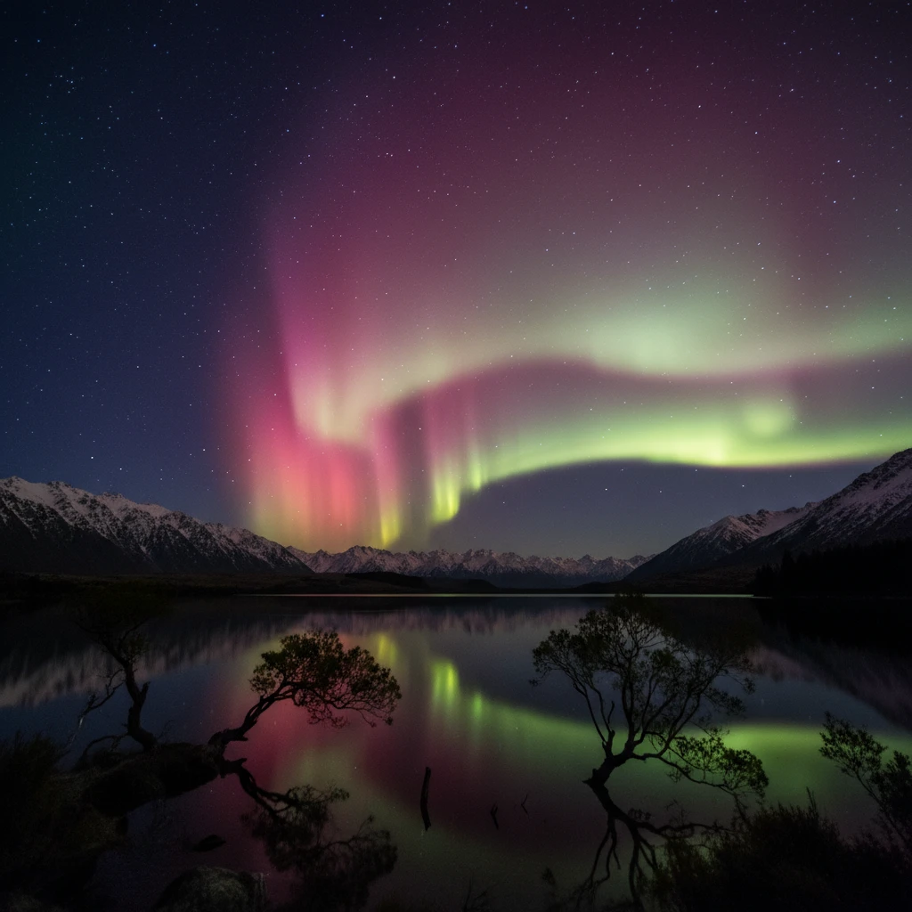 Aurora Australis over a New Zealand lake