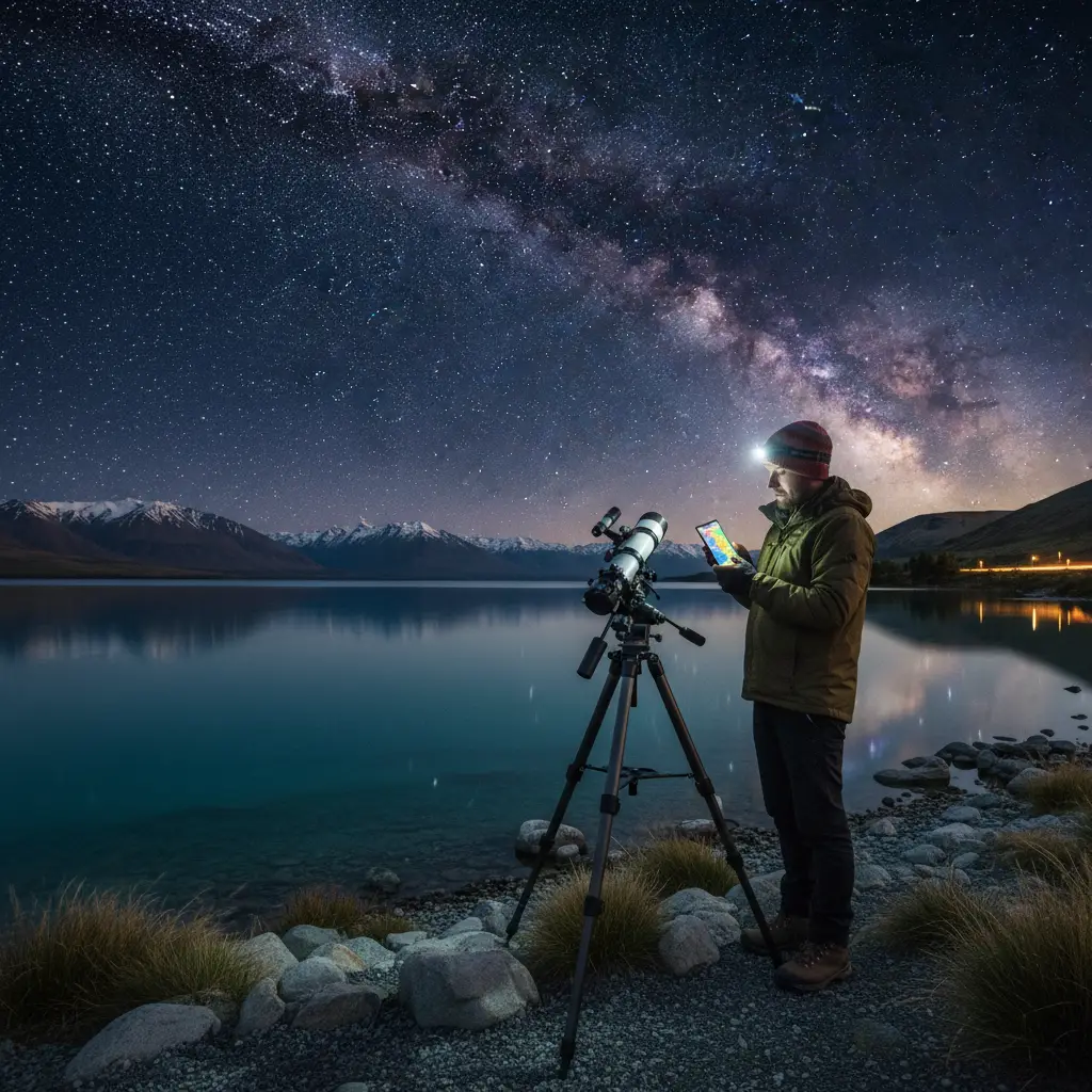 Photographer checking cloud cover forecast nz stargazing tools at Lake Tekapo