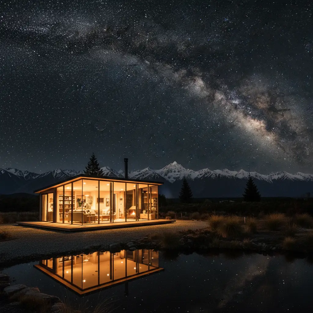 Glass cabin accommodation in Mackenzie Basin under the Milky Way