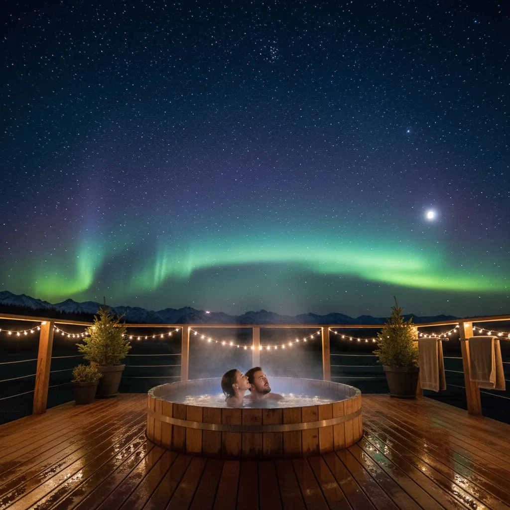Couple enjoying stargazing from an outdoor hot tub
