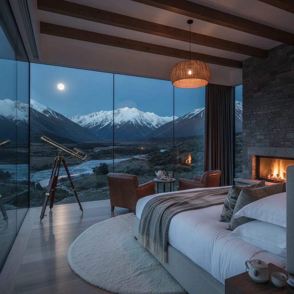Luxury lodge bedroom interior with telescope and mountain views