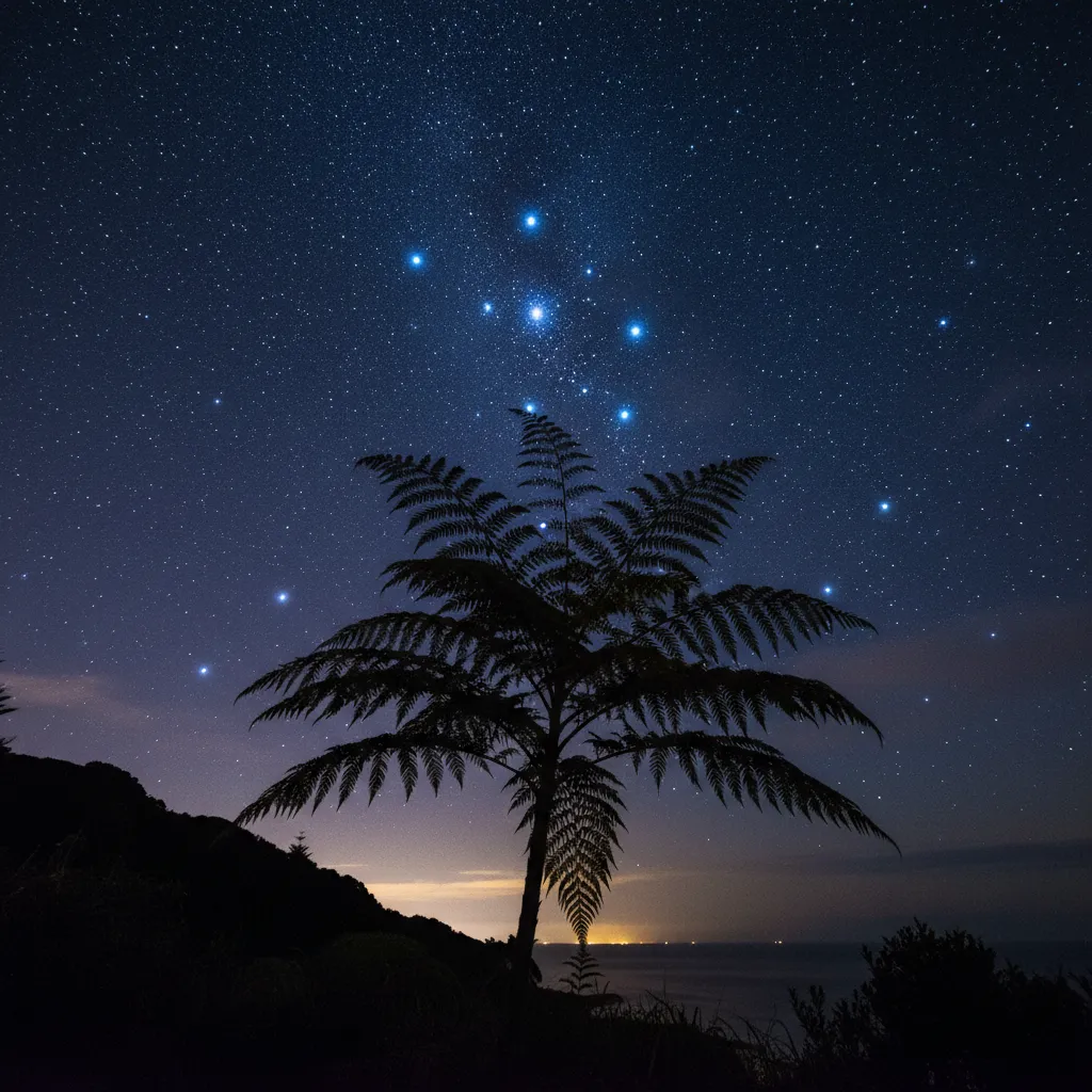 Matariki star cluster rising above NZ native bush
