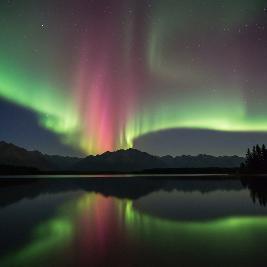 Vibrant pink and green Aurora Australis over a New Zealand lake